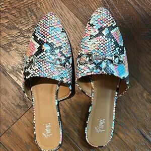 Fioni Snakeskin Python Print Flat Mules Slides Size 9 Multicolor Buckle Boho